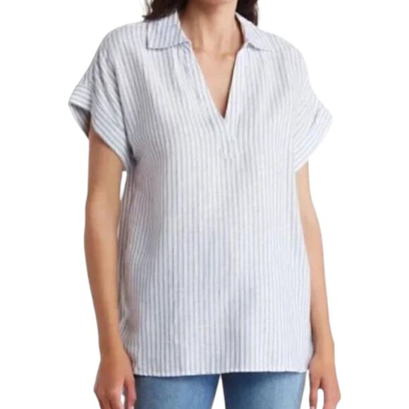 Casa Cabana Blouse Top Womens Large Sage Green Striped Cap Sleeve Linen Blend - Picture 3 of 11